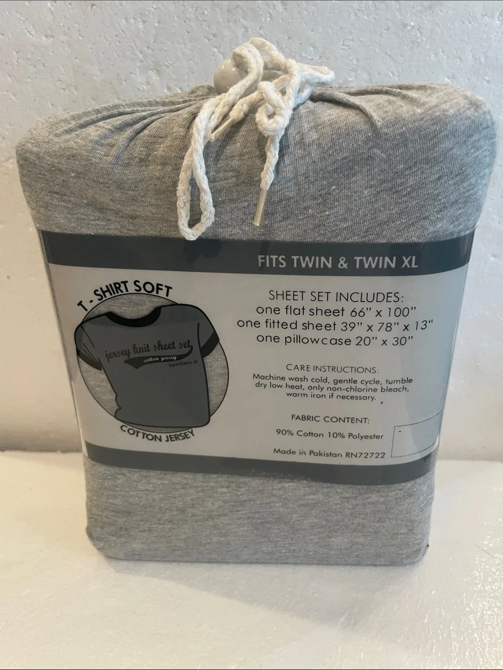 T-Shirt Soft Cotton Jersey Twin XL Sheet Set Gray flat & fitted sheet pillowcase